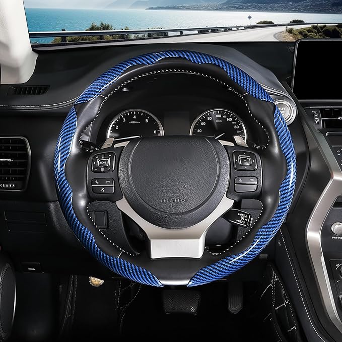 Carbon Fiber Steering Wheel Covers 3 Piece Clip on Steering Wheel Cover (Blue)