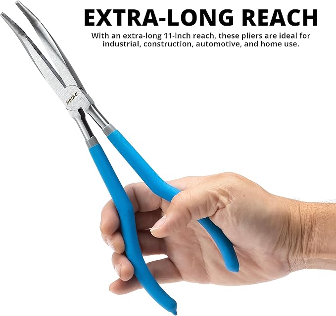 NEIKO 02105A (4) Long Nose Plier 11” Long Reach, Straight, Angle, Curved Pliers, 45 & 90 Degree, bent Head Needle Nose Pliers Set for Mechanics, Long Handle Pliers
