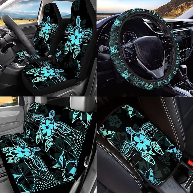 BIGCARJOB Art Sea Turtle Car Seat Cover Set of 15 Pcs Car Interior Seat Accessories Full Set with Universal Steering Wheel Cover,Car Trash Can,Seat Belt Pads,Seat Headrest Cover Set