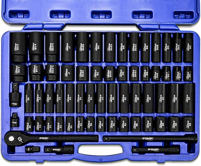 Stark USA 1/2" Drive Master Impact Socket Set, 65 Piece, Standard SAE (3/8"-1-1/4") & Metric (10-24 mm) Sizes, Deep & Shallow Kit, Includes Adapters & Ratchet Handle