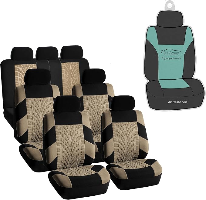 FFH Group Three Row Set 7 Seater Beige Travel Master Car Seat Covers, Airbag and Split Rear Car Seat Cover Universal Fit Interior Accessories for Cars Trucks SUV, Automotive Seat Covers