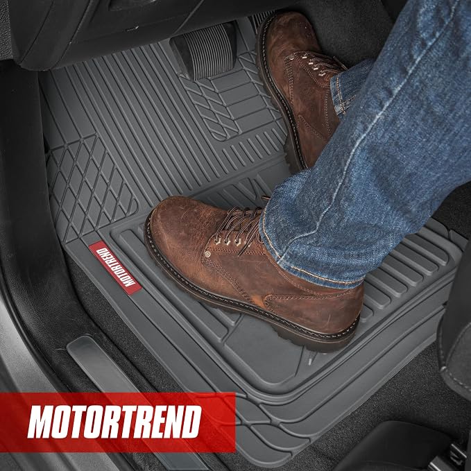 Motor Trend FlexTough Advanced Gray Rubber Car Floor Mats with Cargo Liner Full Set - Front & Rear Combo Trim to Fit Floor Mats for Cars Van SUV, All Weather Automotive Floor Liners