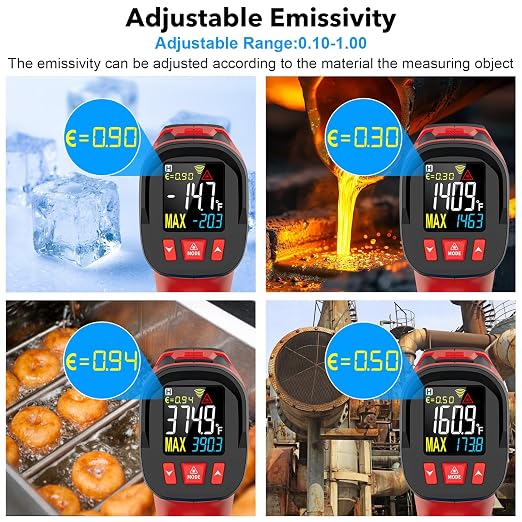 Infrared Thermometer Gun, Digital Laser Temperature Gun with Probe, -40°F~1472°F Non-Contact IR Thermometer with Adjustable Emissivity for Cooking, Pizza Oven, Griddle, Grill & Meat