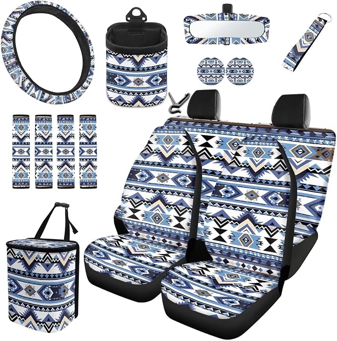 Dreaweet Navajo Native Western Car Seat Covers Full Set 15 Pcs Aztec Car Accessories with Steering Wheel Cover Seat Belt Pads Coasters Trash Bag Air Vent Storage Bag Rearview Mirror Cover Keychain