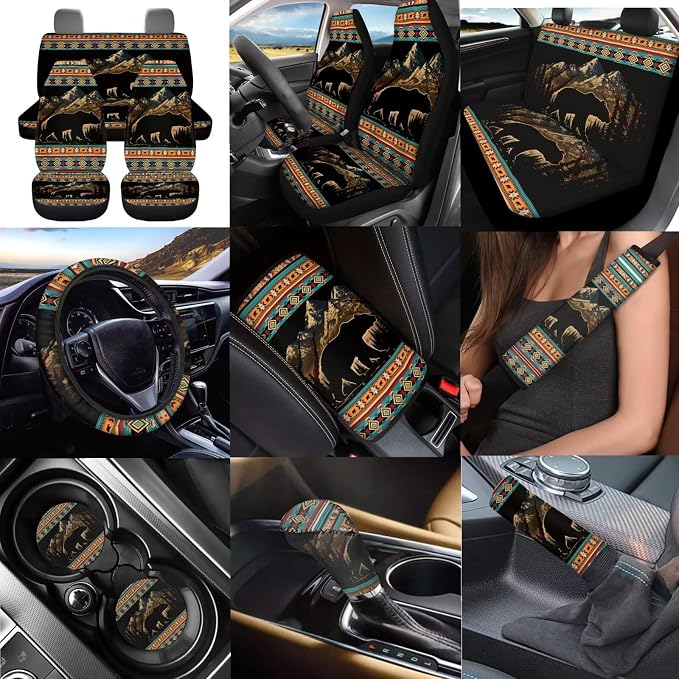 Dreaweet Mountain Bear Aztec Car Seat Covers Full Set 12 Pcs Southwestern Car Accessories Seat Covers with Steering Wheel Cover/Arm Rest Pads/Seat Belt Pads/Coasters/Gear Shift Cover/Handbrake Cover