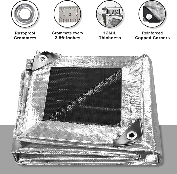 Tarps Waterproof 8x10 Feet, 4 Pack Heavy Duty Silver Tarp Cover 12 Mil Thick, Resistant Plastic Tarpaulin with Metal Grommets, Outdoor Tarp Cover for Car,Trailer