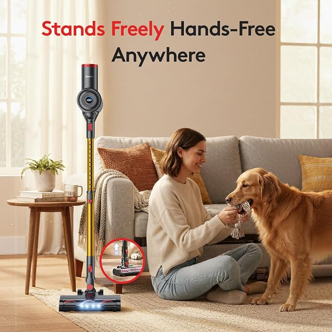 RoneAir Cordless Vacuum Cleaner,40Kpa 45Min Vacuum Cleaners for Home,Self-Standing,Stick Vacuum with Wall Mount Storage,Anti-Tangle &,6 in 1 Lightweight Vacuum for Hard Floors Carpet Pet Hair - Golden