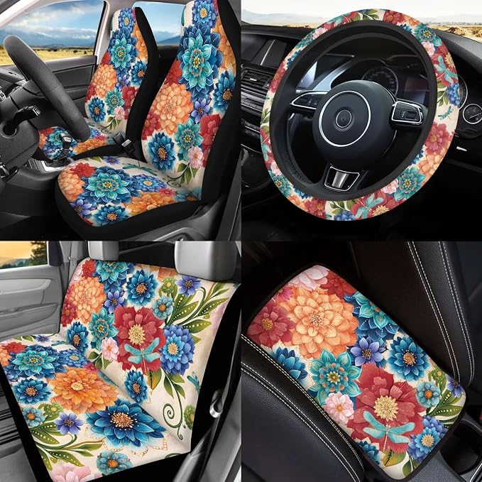 17 Pieces Hippie Lotus Car Seat Covers Full Set for Women with Auto Interior Set Decor,Madala Car Accessories with Steering Wheel Cover,Car Headrest Cover,Car Trash Can with Lid,Universal Fit