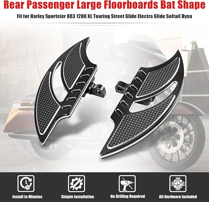Goldfire Rear Passenger Large Floorboards Foot Pegs Bat Shape Footboards Motorcycle Accessories Compatible with Harley Sportster 883 1200 XL Touring Street Glide Electra Glide Softail Dyna, Black
