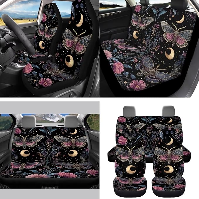 Goth Moon Moth 15 PCS Car Seat Cover Set, with Steering Wheel Seat Belt Cover Rear View Mirror Cover Coaster Trash Cans Keychain Universal Fit