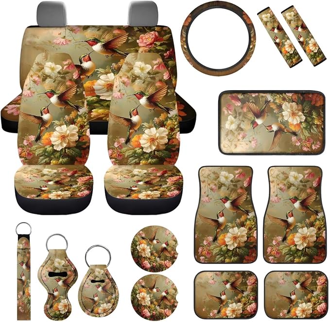 Hummingbird Flower Car Seat Covers Full Set of 17 Pcs,Hummingbird Car Accessories with Steering Wheel Covers Seat Belt Shoulder Pad Keychains Vehicle Interior Seat Mat Cover for Women Gifts