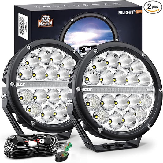 Nilight 7 Inch Round LED Offroad Driving Lights with DRL 2 PCS 90W 9850LM IP68 Spot Flood Combo Work Light w/ 12AWG DT Connector Wiring Harness Kit for 4x4 Truck ATV UTV SUV