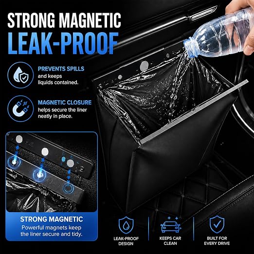 Car Trash Can Leak-Proof, 4 Pack Black Large Capacity Auto Trash Bin with Magnetic Opening, Multi-Purpose Open-Top Car Organizer for Backseat, Console, Door, Phone, Drinks, and Small Items