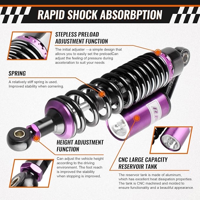 13.4" 340mm Motorcycle Rear Air Shocks Absorber Suspension for HONDA for Suzuki for Kawasaki for Yamaha ATV Go Kart Quad Dirt Sport Bikes,1 Pair, Purple