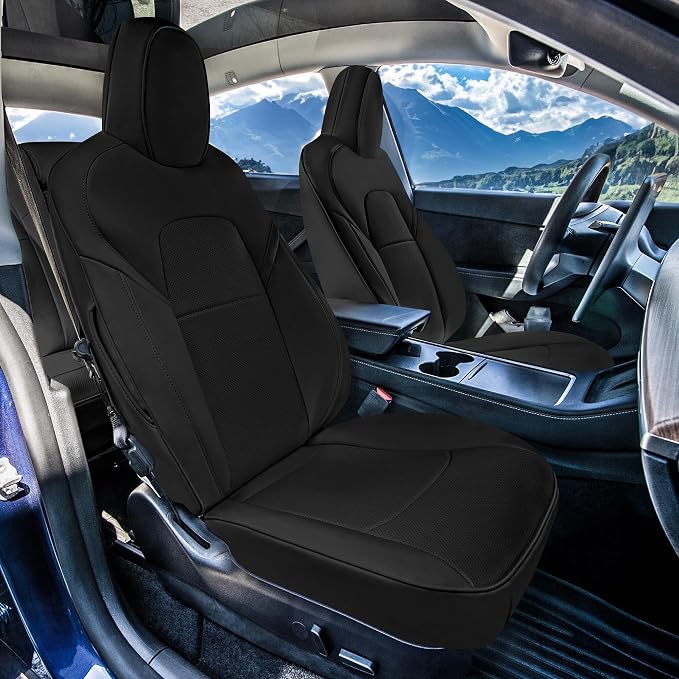 FH Group Custom Fit Car Seat Covers Specifically Made for 2020-2025 Tesla Model Y Faux Leather Water Resistant Automotive Seat Covers -Front Set Black