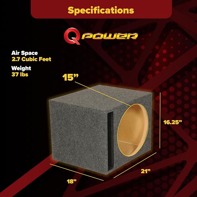 QPower 15 Inch Heavy-Duty Single Vented Carpet Covered Durable Car Audio Vehicle Subwoofer Enclosure Woofer Box, Charcoal Gray