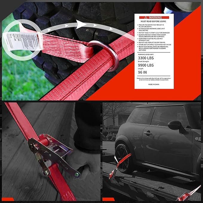Car Tie Down Straps for Trailers (4PK) – 2'' X 96'' Tire Webbing with Flat Hooks for Easy Tire Securing on Cars, SUVs, Jeeps, or Sports Cars