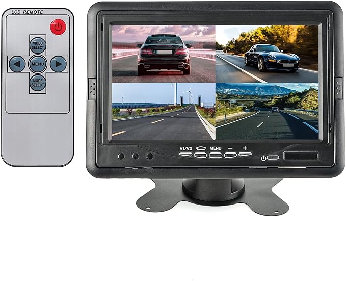 EWAY 7 Inch TFT LCD Monitor Quad Split View HD Full Color 7" Display Screen RCA Video Inputs Supports 4 Channels for Front Rear Side Backup Camera Rearview Reverse Reversing with Remote Control