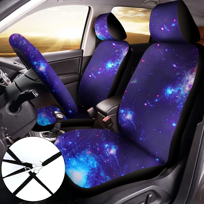Frienda 15 Pieces Galaxy Car Seat Cover Steering Wheel Cover Universal Star Space Galaxy Car Accessories Separate Headrest Seat Belt Pads fit for Auto Truck Van SUV