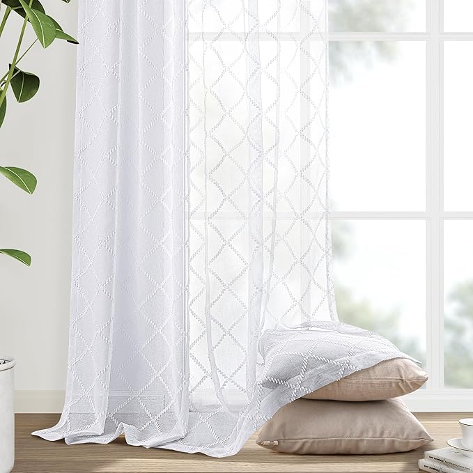 Hokibero Pure White Semi Sheer Curtains 96 Inches Long for Floor Length Living Room Bedroom,Back Tab Rod Pocket Light Filtering Drapes Geometric Embroidered Pattern Dining Room,52 x 96,2 Panels