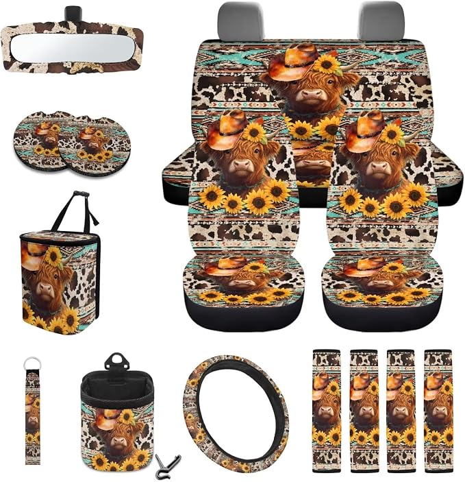 Aztec Tribal Highland Cattle Sunflower Pattern Front Rear Seats Prortector Steering Wheel Cover Seatbelt Pads Cup Coasters Keychain Trash Can 15 PCS Auto Acccessories Decor
