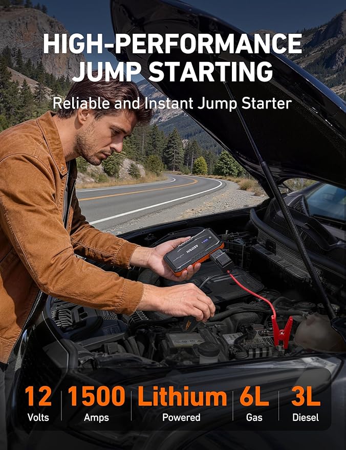 AstroAI S8 Car Battery Jump Starter, Car Jumper Starter Battery Pack for Up to 6.0L Gas & 3.0L Diesel Engines, 12V Portable Jump Box with 3 Modes Flashlight and Jumper Cable (Orange)