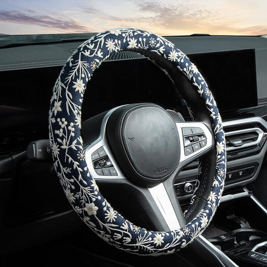 Brown Japanese Style Flower Steering Wheel Cover Auto Embroidery Steering Wheel Protector, Anti-Slip, Breathable, Absorbing Sweat, Universal Car Accessories 14.5–15 inch,Fit for Most Car, Trucks, SUV