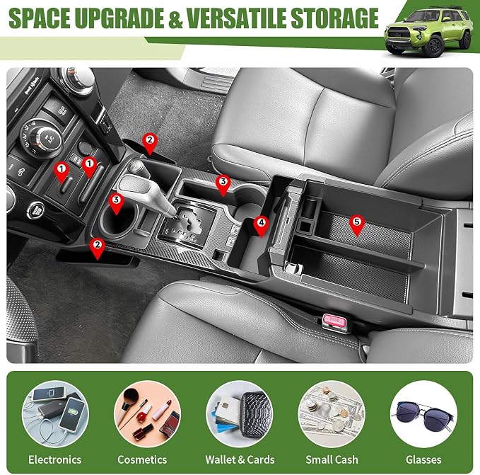 Center Console Organizer for 2014-2024 Toyota 4Runner Upgraded Hanging Armrest Box Storage Drawer Cupholder Inserts Shifter Tray for 4 Runner Accessories(Fit 14-24/5PC Center Console Organizer)