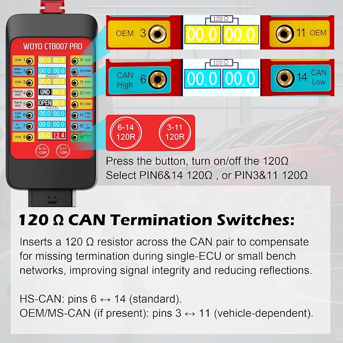 WOYO CTB007 PRO 12V/24V OBD2 Breakout Box with LCD Display 16PIN Vrms, CAN Tester Box with Built-in 120Ω for ECU Testing Tool on Bench, CAN Tester Box, 27.5inch/59inch Extension Cable (27.5inch/70cm)