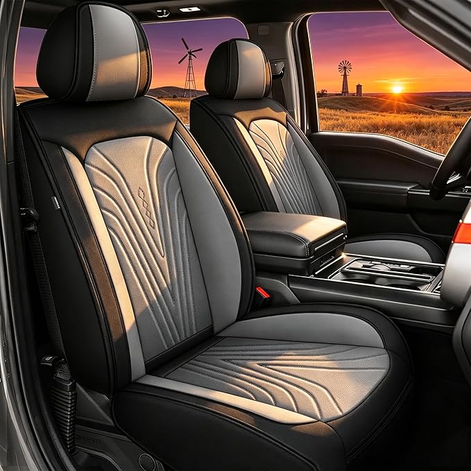 Truck Seat Covers Full Set Custom Fit for 2009-2026 Ford F150 & 2017-2026 F250/F350/F450 Super Duty Waterproof Leather Seat Protectors (Black & Gray)