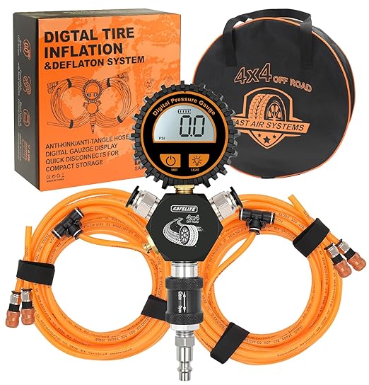 SAFELIFE 4 Tire Inflation/Deflation System, Inflate or Deflate All 4 Tires at Once, Rapid High-Flow Air Up Down Kit w/Inflator Hose & Digital Pressure Gauge for Truck, Car, Trailers & Motorcycles