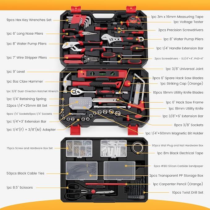 330-Piece Portable Home Repair Tool Kit with Pull-Out Drawer | Compact Homeowners Tool Kit, Durable Tool Box for Homeowner, DIY Projects, Handyman, Black-Red