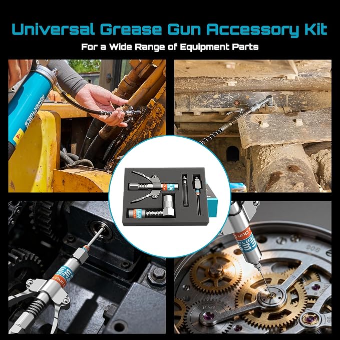 Seesii Grease Gun Accessory Kit, Includes Quick-Release Coupler, 90 Degree Grease Gun Coupler Adapter, 12 Inch Flexible Hose, 2 Grease Needle Tips for Easy Greasing Narrow, Tight & Deep Spaces, GR04P