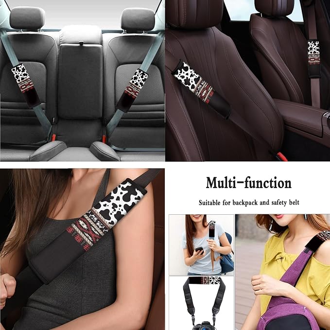Aztec Cow Print Car Seat Cover Full Set with Steering Wheel Cover, Shoulder Pads, Aztec Auto Seat Covers Cow Car Accessories Universal Fit for Most Cars, Black