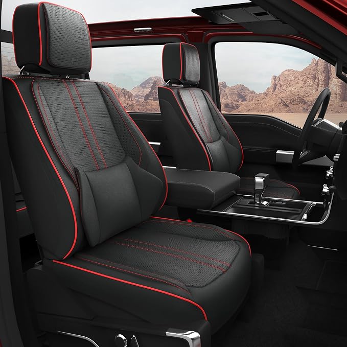 W&PMAX Custom-Fit Seat Covers for Ford F-150 Crew Cab (2015–2025), Full Set Waterproof Leather, Full-Wrap Protection, Heated & Cooling Compatible – Black/Red Stitching