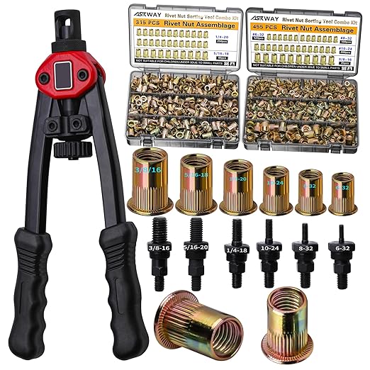 ASE Pressure Rivet Nut Tool Kit, 770PCS (3/8-16,5/16-18,1/4,10-24,8-32,6-32) Imperial Rivet Nut, Suitable for Furniture, Decoration, Automotive, Marine and Industrial Applications