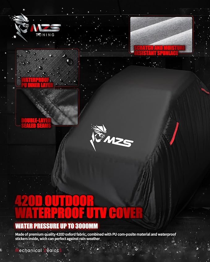 MZS UTV Cover, All Weather Waterproof Side by Side Cover Protection Universal fits up to 120 inch Utility Vehicle Covers - Vents Night Reflective Tear Wind Proof Adjuster Buckle Storage Bag