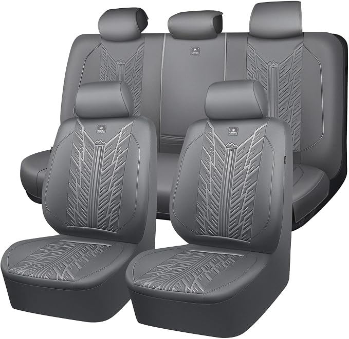 CAR PASS Waterproof Neoprene Seat Covers Full Sets, Wetsuit Car Seat Covers,All-Weather Non-Slip Durable,Universal Fit for Vans,Truck,SUV,3D Tyre Embossed Seat Covers with Airbag Compatible(All Gray)