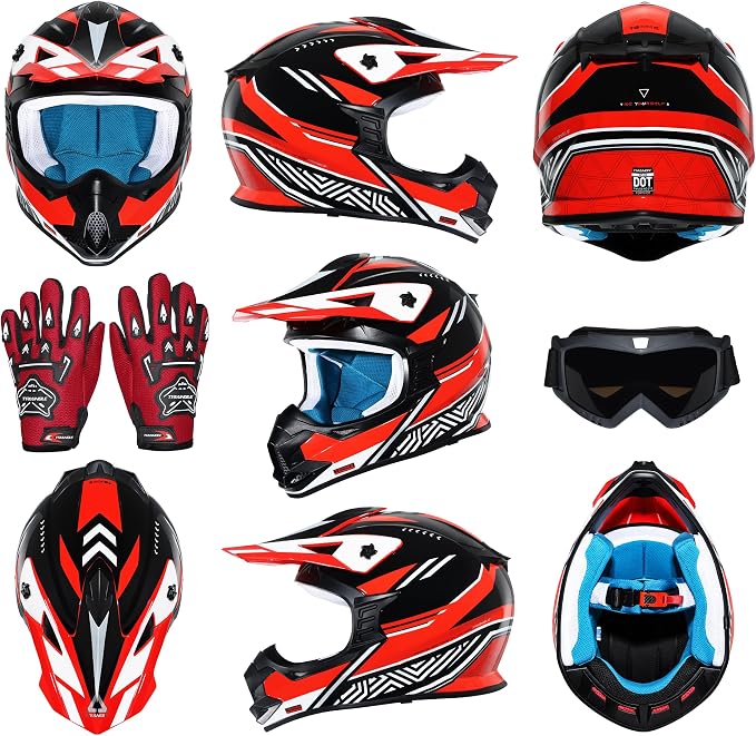 TRIANGLE Adult Dirt Bike Helmet Full Face Motorcycle Helmets with Adjustable Goggles & Gloves - DOT/FMVSS-218 Certified Motocross Helmet for Off-Road ATV BMX UTV