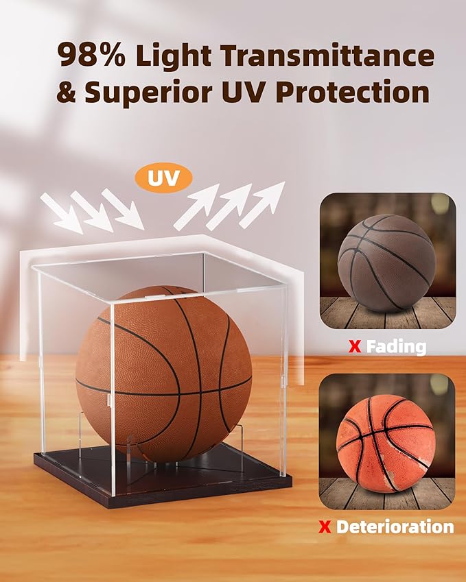 Fitense Basketball Display Case Acrylic Clear, UV Protected Basketball Stand Box Full Size with Solid Wood Base, Soccer Display for Autographed Standard NBA WNBA Ball Memorabilia Keepsake, Ideal Gift