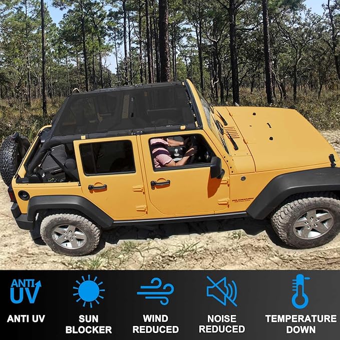 JK Sun Shade Top Compatible with Jeep Wrangler 4 Door 2007 to 2018 Sunshade Sunroof Bikini Cover Blocks UV Wind Noise Black Mesh for Full Length