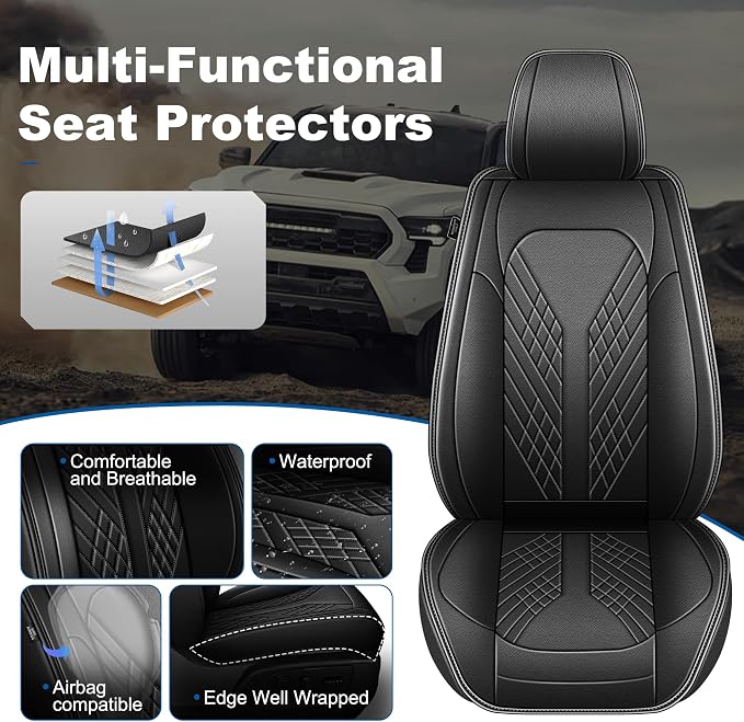 Seat Covers Full Set Compatible with 2024 2025 2026 Toyota Tacoma Double Crew Cab Waterproof Leather Seat Protectors Custom Fit for Trucks (Black)