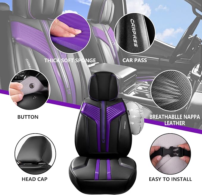 CAR PASS Nappa Leather Seat Covers, Breathable Waterproof Car Seat Covers Full Set, Luxury Leather Front and Back Seats Full Coverage, Universal Fit SUV Pick-up Truck Sedan Automotive(Black Purple)