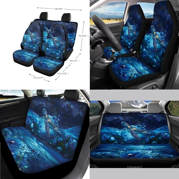 Sea Turtle Print Car Seat Cover Sets Full Set Flower Print High Back Seat Covers with Steering Wheel Cover Armrest Cushion Safety Belt Pads Trash Can for Truck Sedan SUV, Blue
