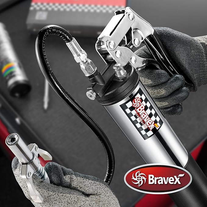 Bravex Pistol Grip Grease Gun Heavy Duty Professional 6000 PSI W/Quick Release Coupler - 18 inch Flex Hose