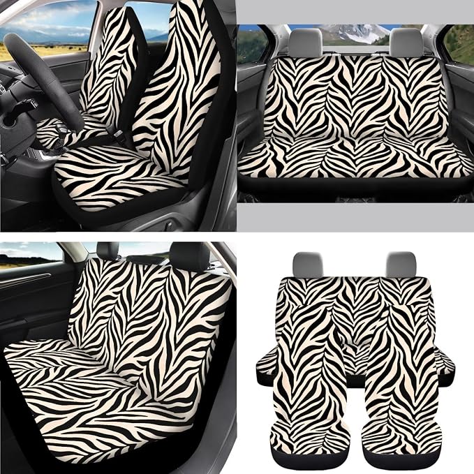 AFPANQZ Zebra Stripe 11 Pieces Auto Accessories Set with Seat Covers Full Set with Hand Brake Cover Gear Shift Knob Cover Seat Belt Pads Car Coaster Steering Wheel Cover
