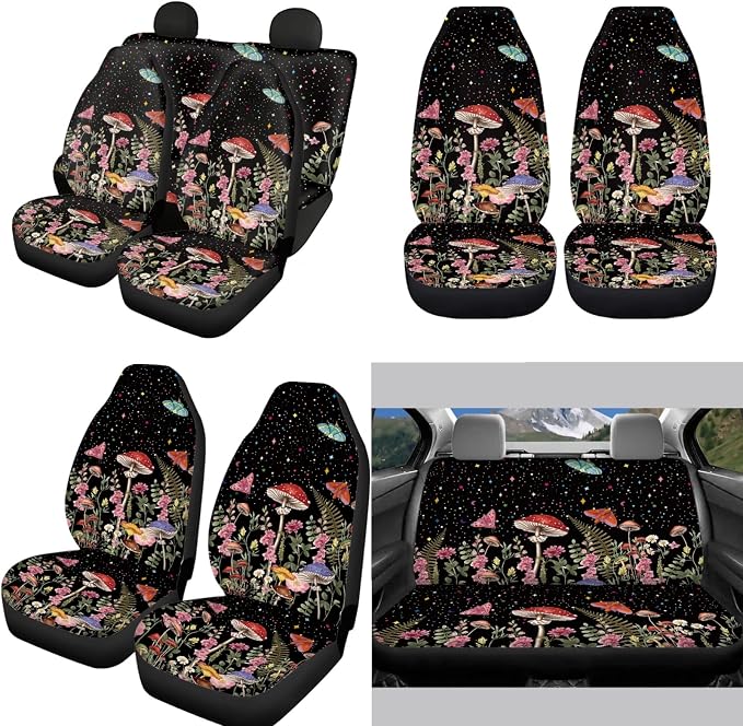 Butterfly Mushroom Auto Seat Covers Universal Fit Car Steering Wheel Cover+2PCS Shoulder Seat Belt+2 Pcs Coaster+2 Pcs Key Chain+1 Pcs Chapstick Holder Pouch Mushroom Decor Accessories