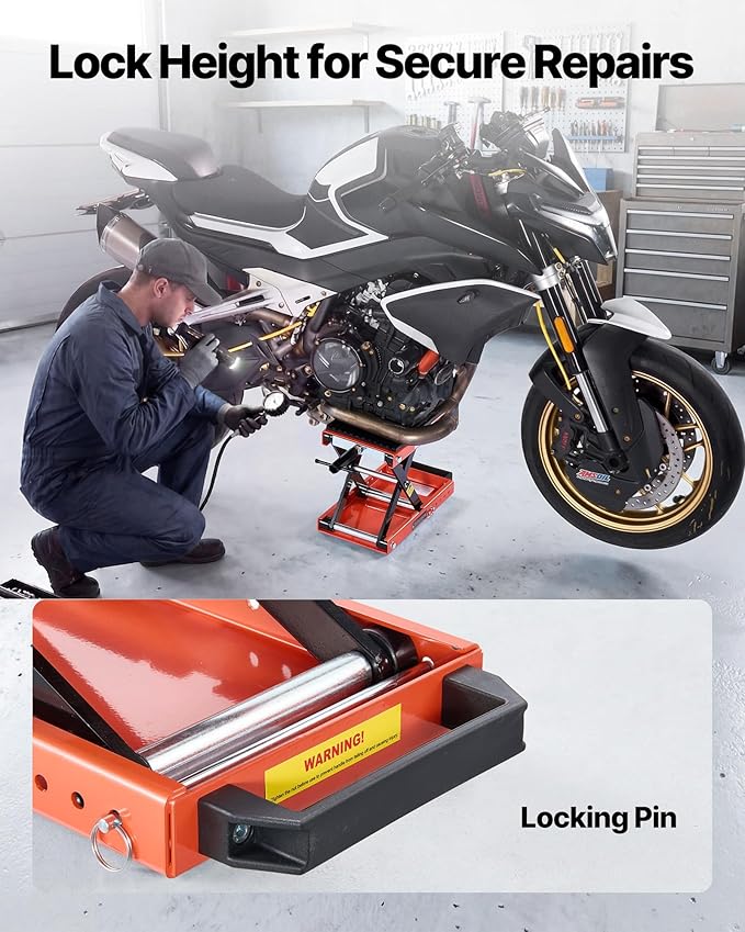 VEVOR Motorcycle Lift, 1500 lbs Motorcycle Scissor Lift Jack with Wide Deck & Lock Pin, 4.13"-13.77" Center Hoist Crank Stand, Steel Scissor Jack for Street Bikes, Cruiser Bikes, Touring Motorcycles