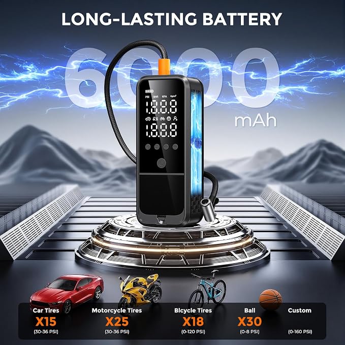 160PSI Tire Inflator Portable Air Compressor, 6000mAh Portable Tire Inflator for Car Portable Air Pump with Tire Gauge Pressure & LED Light Air Pump for Car Tires Cordless Bike Pump for Car