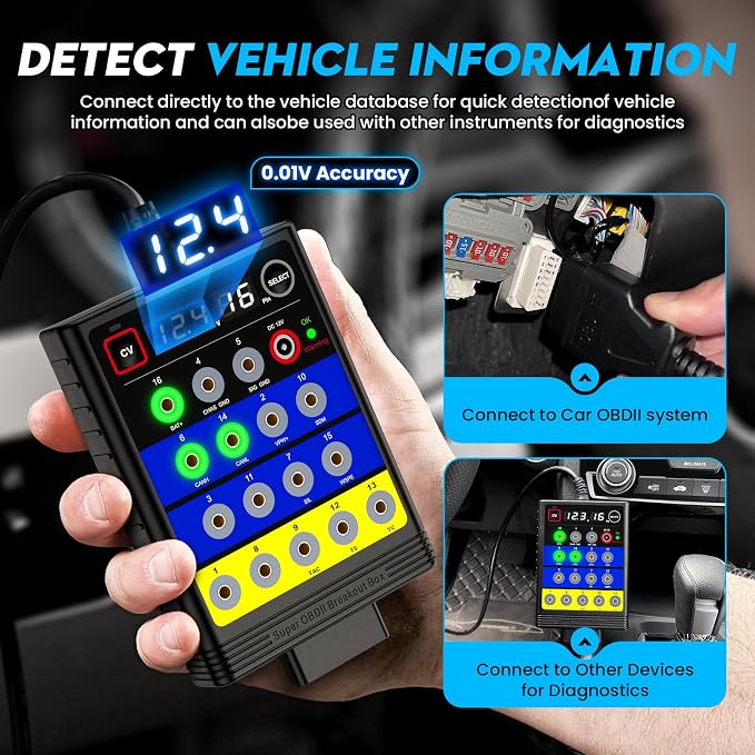 TRISCO Super OBD2 Breakout Box – 16-Pin Automotive Diagnostic Tool with Voltage Display, ECU Programming Support, CAN/K-LINE Protocol Detection
